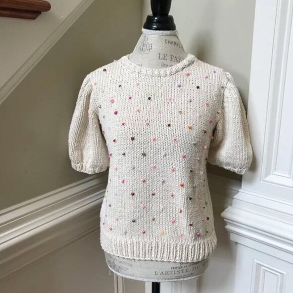 NWT Vero Alfie Sidra Sweater Womens Medium Cream Beaded Crew Neck Anthropologie - Picture 2 of 11